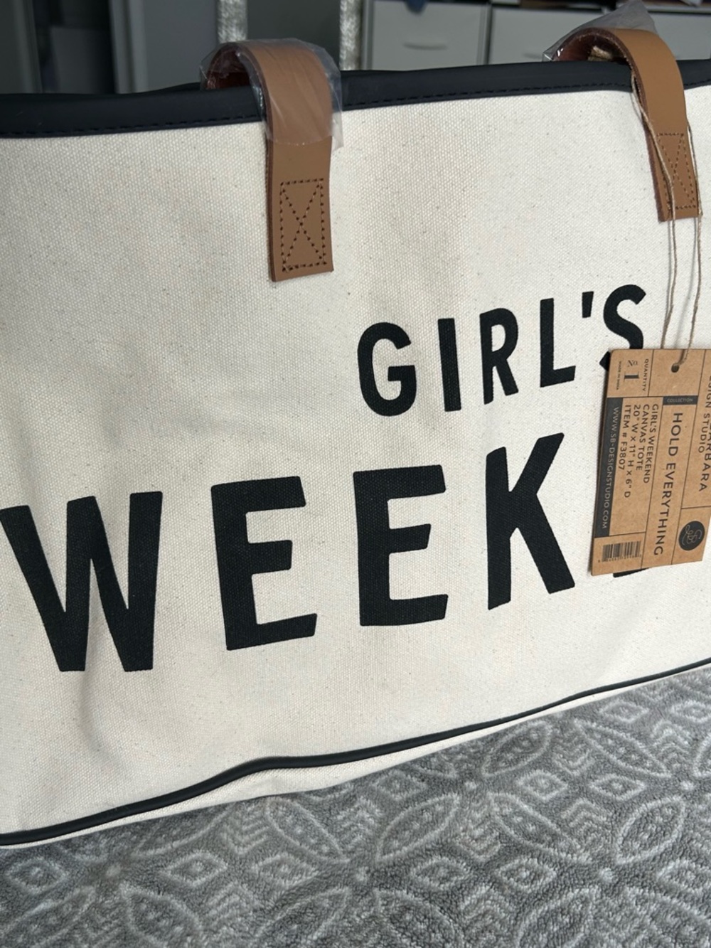 Canvas Weekend Tote Bag in Cream with Tan Handles